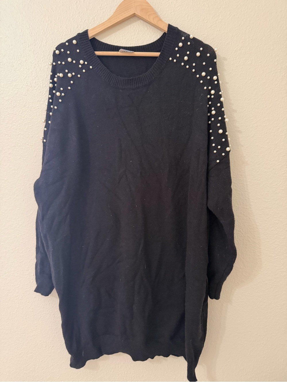 Black Pearl-Accent Crewneck Sweater Dress